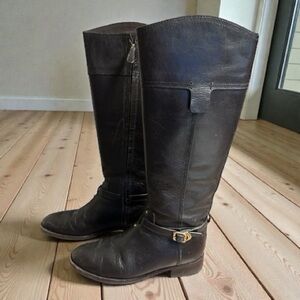 Tory Burch Women's 7.5 Chestnut Leather Riding Boots Equestrian Logo